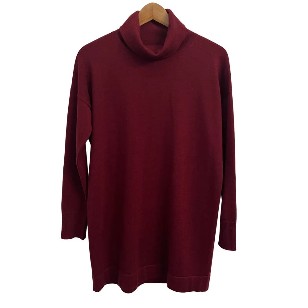 Eileen Fisher 100% Merino Wool Turtleneck Sweater XS Tunic Oversized Maroon Long